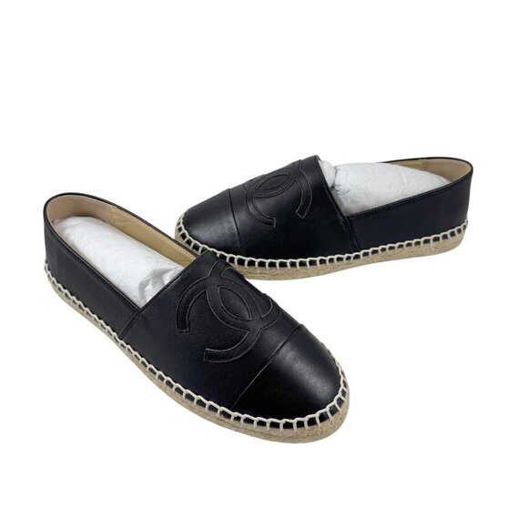 Chanel Espadrilles Loafers Flats Shoes Black Lambskin Leather EU Size 38 US 8 - Picture 1 of 13